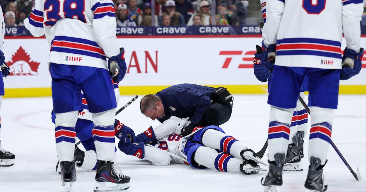USA defenceman Cole Hutson stretchered off after taking puck to head vs. Switzerland