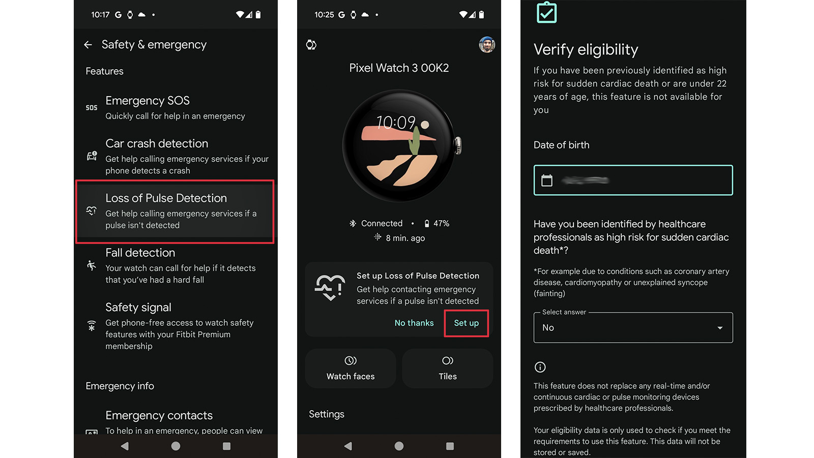 Screenshots of setting up Loss of Pulse Detection on Google Pixel Watch 3