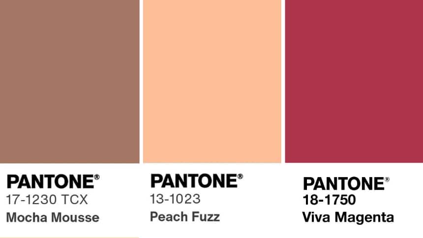 A light brown with the text “PANTONE 17-1230 TCX Mocha Mousse,” a peach colour with the text “PANTONE 13-1023 Peach Fuzz” and a deep pink with the text “PANTONE 18-1750 Viva Magenta.”