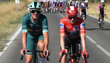 2025 Vuelta a Espa&ntilde;a: overall winner Jonas Vingegaard (r) and points jersey winner Mads Pedersen (l) during the first part of the final stage