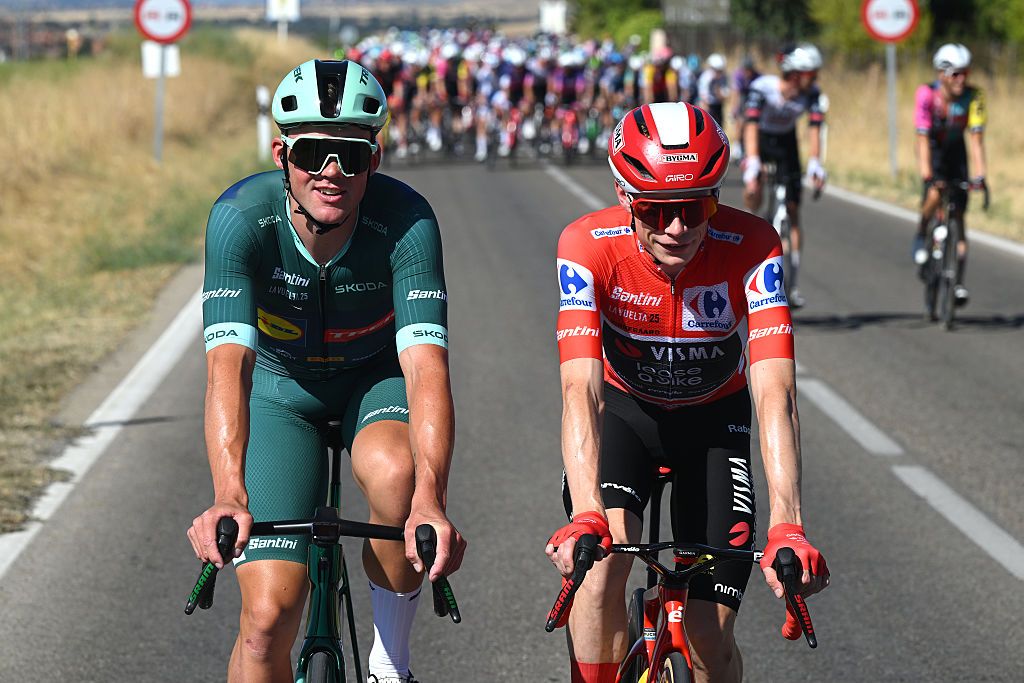 2025 Vuelta a Espa&ntilde;a: overall winner Jonas Vingegaard (r) and points jersey winner Mads Pedersen (l) during the first part of the final stage
