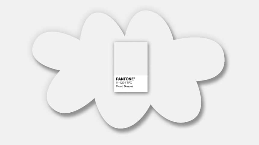 An off-white cloud on an off-white background. A colour swatch with the text “Pantone 11-4201 TPX Cloud Dancer