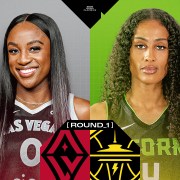 WNBA Playoffs series between Aces and Storm with Jackie Young and Skylar Wiggins front and center