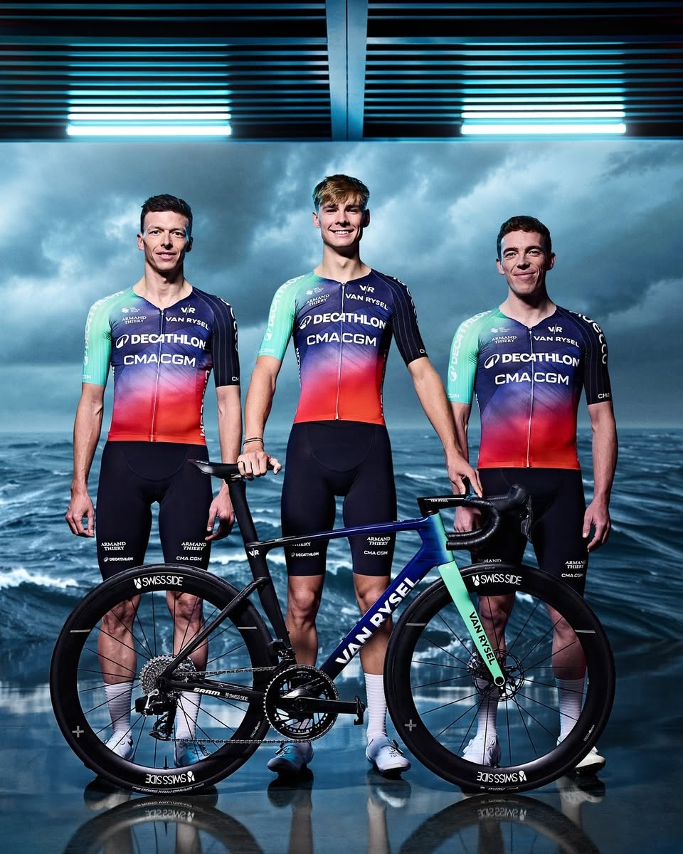 Three riders model the new Decathlon CMA CGM jersey and pose with a Van Rysel bike