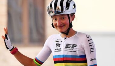 MIRANDOLA, ITALY - OCTOBER 04: Magdeleine Vallieres of Canada and Team EF Education-Oatly as World Champion Jersey prior to the 12th Giro dell&amp;apos;Emilia Internazionale Donne Elite 2025 a 126.7km one day race from Mirandola to San Luca on October 04, 2025 in Mirandola, Italy. (Photo by Dario Belingheri/Getty Images)