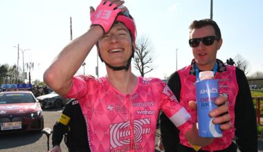 Race winner Neilson Powless of The United States and Team EF Education - EasyPost reacts after the 79th Dwars Door Vlaanderen 2025, Men's Elite a 184.2km one day race from Roeselare to Waregem / #UCIWT / on April 02, 2025 in Waregem, Belgium. (Photo by Tim de Waele/Getty Images)
