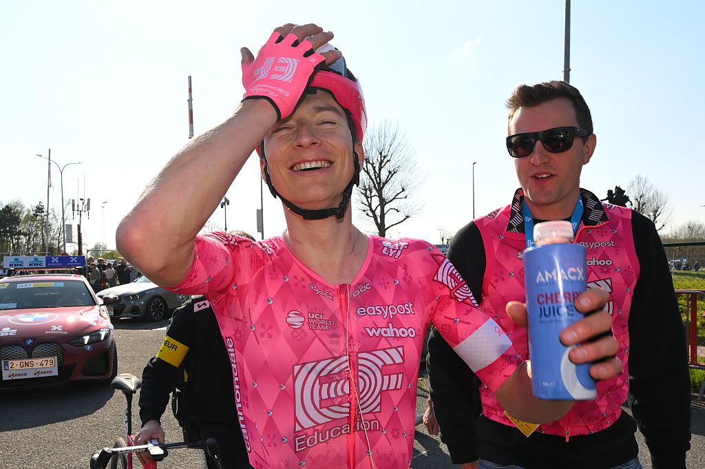Race winner Neilson Powless of The United States and Team EF Education - EasyPost reacts after the 79th Dwars Door Vlaanderen 2025, Men's Elite a 184.2km one day race from Roeselare to Waregem / #UCIWT / on April 02, 2025 in Waregem, Belgium. (Photo by Tim de Waele/Getty Images)