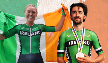 Lara Gillespie and Ben Healy with an Irish flag background.