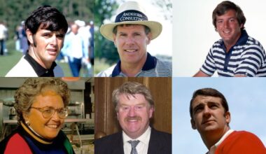 Headshots of golfing figures who died in 2025. Clockwise from top left: Mike Hill, Jay Sigel, Fuzzy Zoeller, JC Snead, Peter McEvoy and Judy Ball.