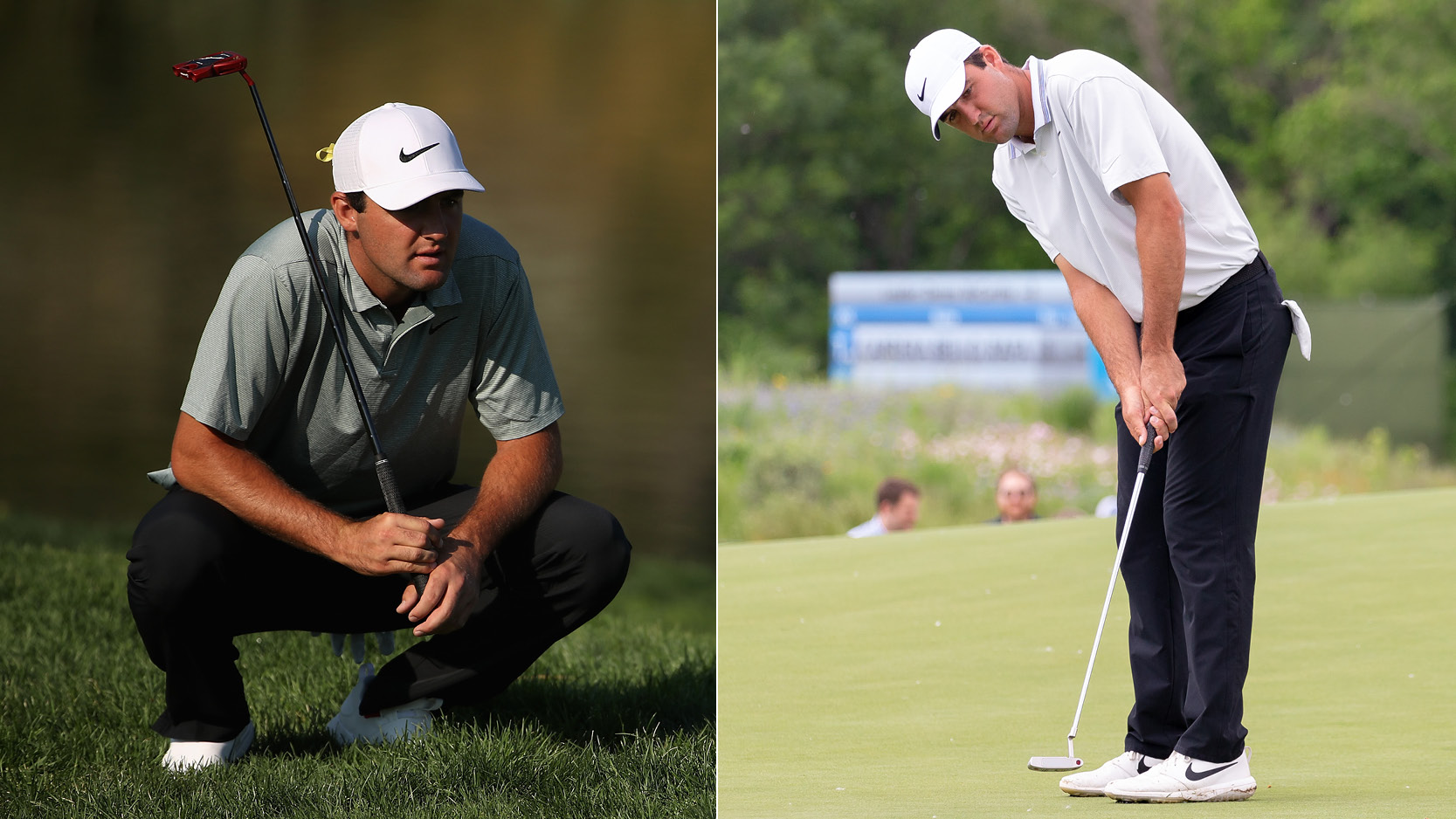 Scottie Scheffler lines up a putt on one side, then hits a putt on another