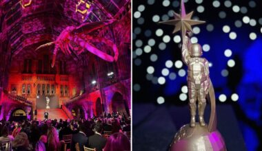 Side by side photos of an awards ceremony and a trophy shaped like an astronaut