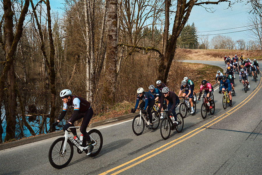 Road cyclists riding on a curved road.