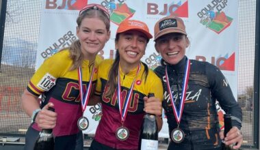 Makena Kellerman (centre) celebrates as the winner of day two at 2025 Boulder Cup cyclocross C1 race, joined by runner-up Cassidy Hickey and third-placed Caroline Mani