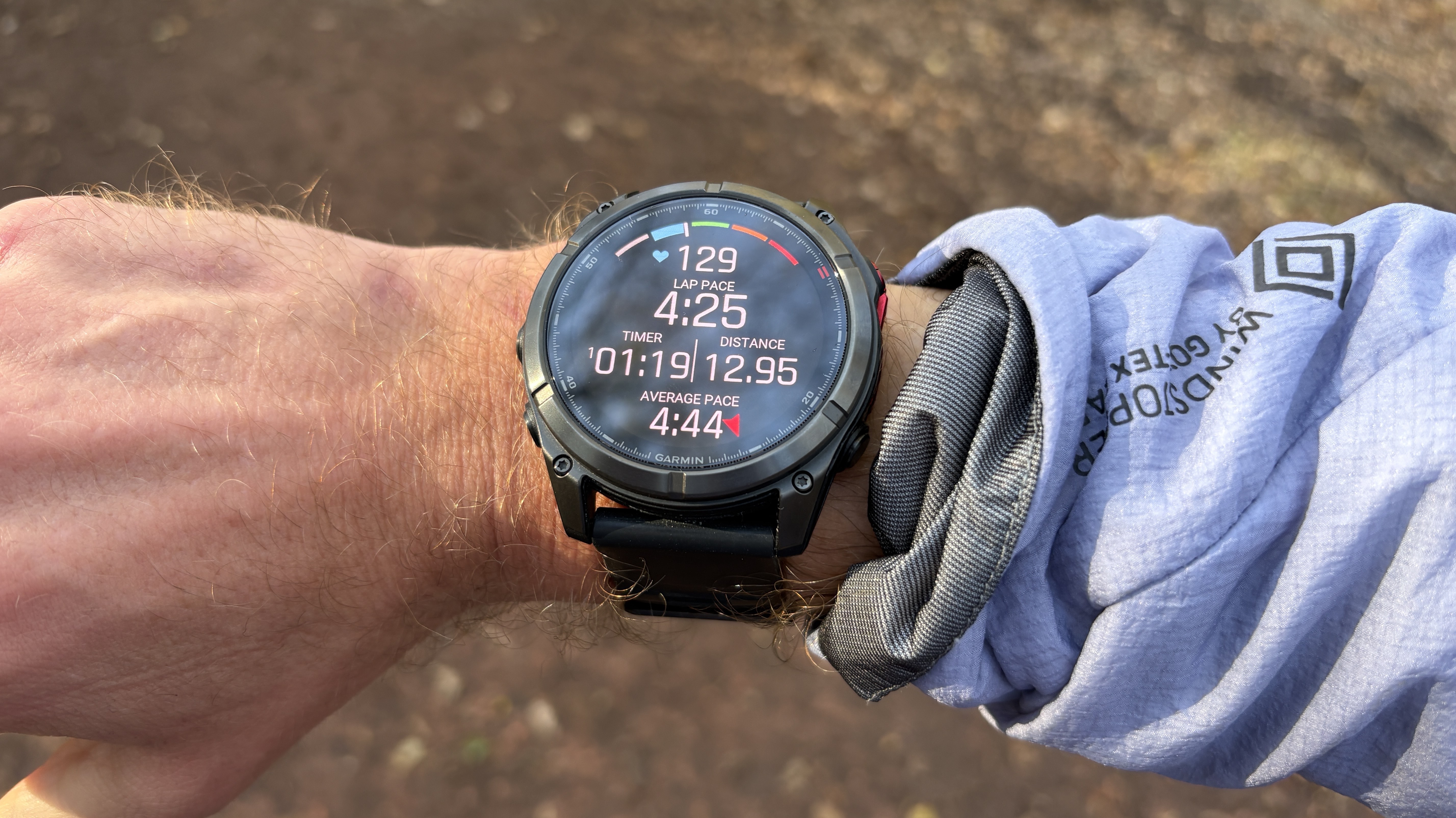 Garmin Fenix 8 Pro MicroLED on wrist during a run