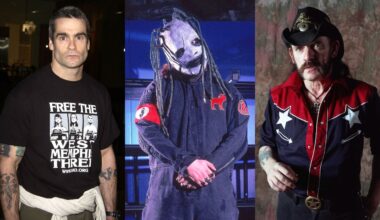 Henry Rollins at a red carpet event, Corey Taylor in his Slipknot gear posing and Lemmy looking cool