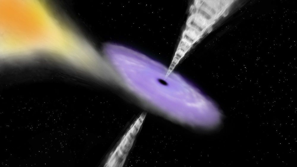 an illustration of a black hole spitting out a jet while pulling in matter from a star