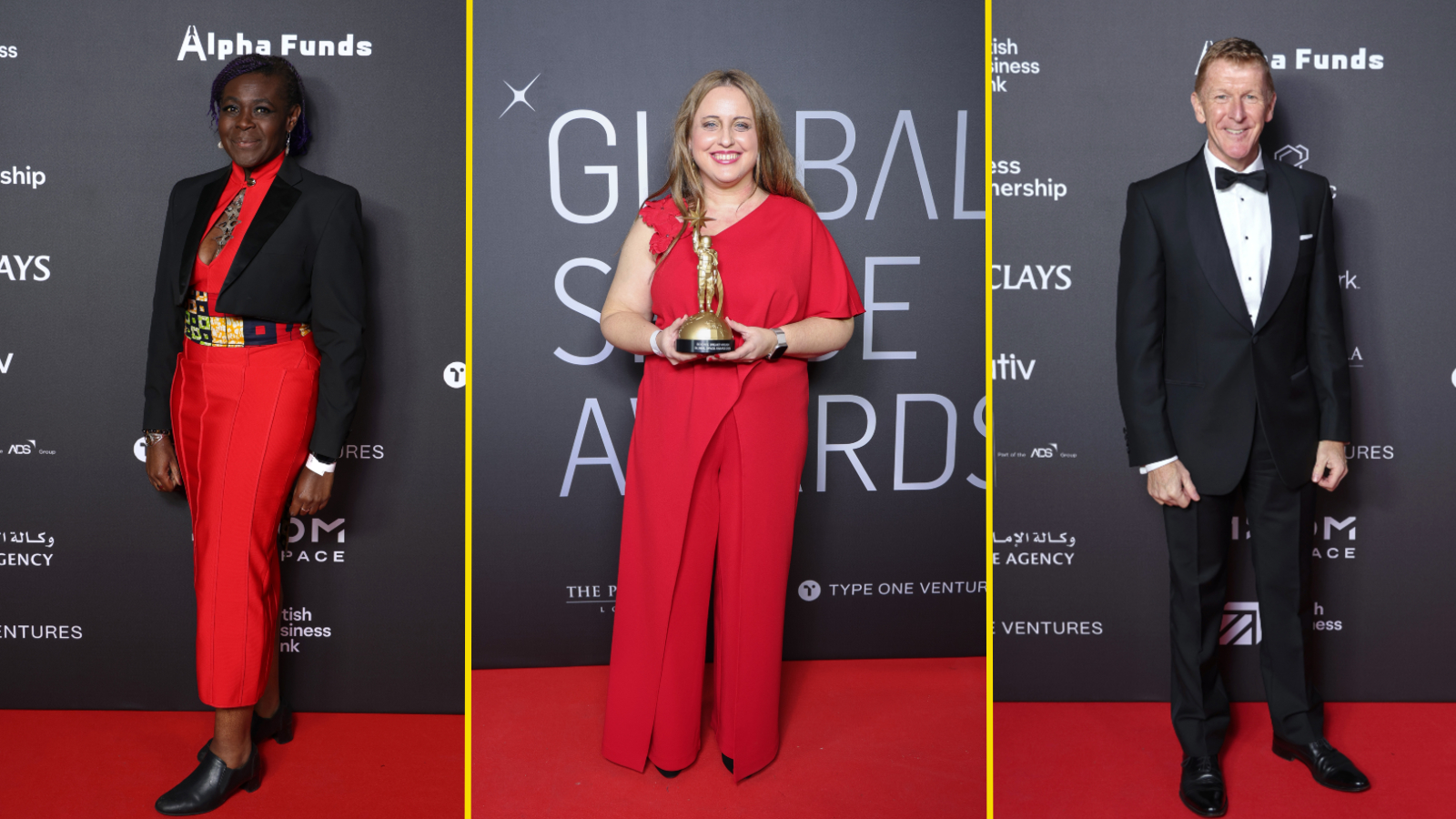 Photos of three people on the red carpet