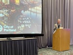 Portland Mayor Keith Wilson speaks at the Oregon Leadership Summit at the Convention Center in Portland on Dec. 8, 2025.