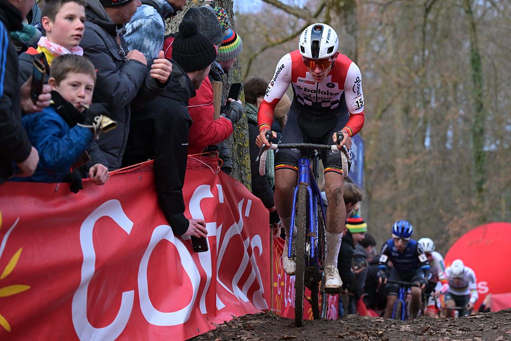 Belgian Thibau Nys pictured in action during the men's elite race of the Cyclocross World Cup, in Namur, Sunday 14 December 2025, stage 4 (out of 12) in the World Cup of the 2026-2027 season.BELGA PHOTO DAVID PINTENS (Photo by DAVID PINTENS / BELGA MAG / Belga / AFP via Getty Images)