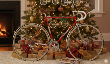 A christmas tree with a bike at it's foot