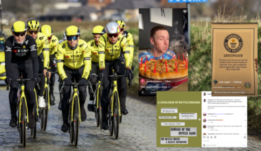 A group of Visma-lease a bike riders ride in a group with screenshots on top