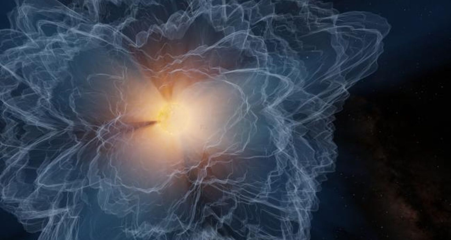 An illustration of the sun's atmosphere, with a glowing ball of orange light surrounded by light blue and white squiggles against a dark background