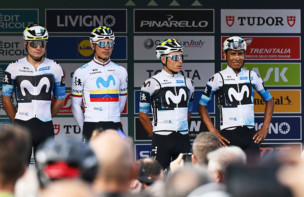 COMO, ITALY - OCTOBER 11: (L-R) Carlos Canal of Spain, Orluis Aular of Venezuela, Einer Rubio of Colombia and Nairo Quintana of Colombia and Team Movistar Team prior to the 119th Il Lombardia 2025 a 241km one day race from Como to Bergamo on October 11, 2025 in Como, Italy. (Photo by Dario Belingheri/Getty Images)