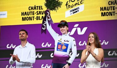 CHATEL LES PORTES DU SOLEIL, FRANCE - AUGUST 03: Nienke Vinke of Netherlands and Team Picnic PostNL celebrates at podium as White best young jersey winner during the 4th Tour de France Femmes 2025, Stage 9 a 124.1km stage from Praz-sur-Arly to Chatel Les Portes du Soleilon 1298m / #UCIWWT / August 03, 2025 in Chatel Les Portes du Soleil, France. (Photo by Szymon Gruchalski/Getty Images)