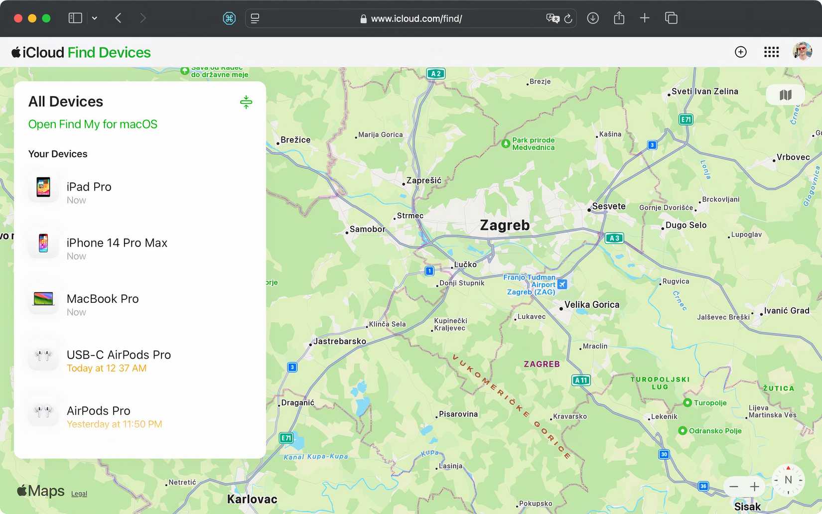 The Find My Devices section on the Apple iCloud website.