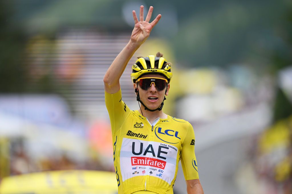 ISOLA 2000, FRANCE - JULY 19: Tadej Pogacar of Slovenia and UAE Team Emirates - Yellow Leader Jersey celebrates at finish line as stage winner during the 111th Tour de France 2024, Stage 19 a 144.6km stage from Embrun to Isola 2000 - (2022m) / #UCIWT / on July 19, 2024 in Isola 2000, France. (Photo by Dario Belingheri/Getty Images)