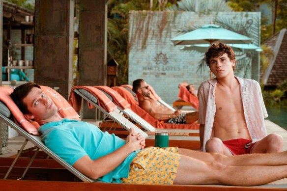 Brothers in arms: Patrick Schwarzenegger and Sam Nivola in The White Lotus.