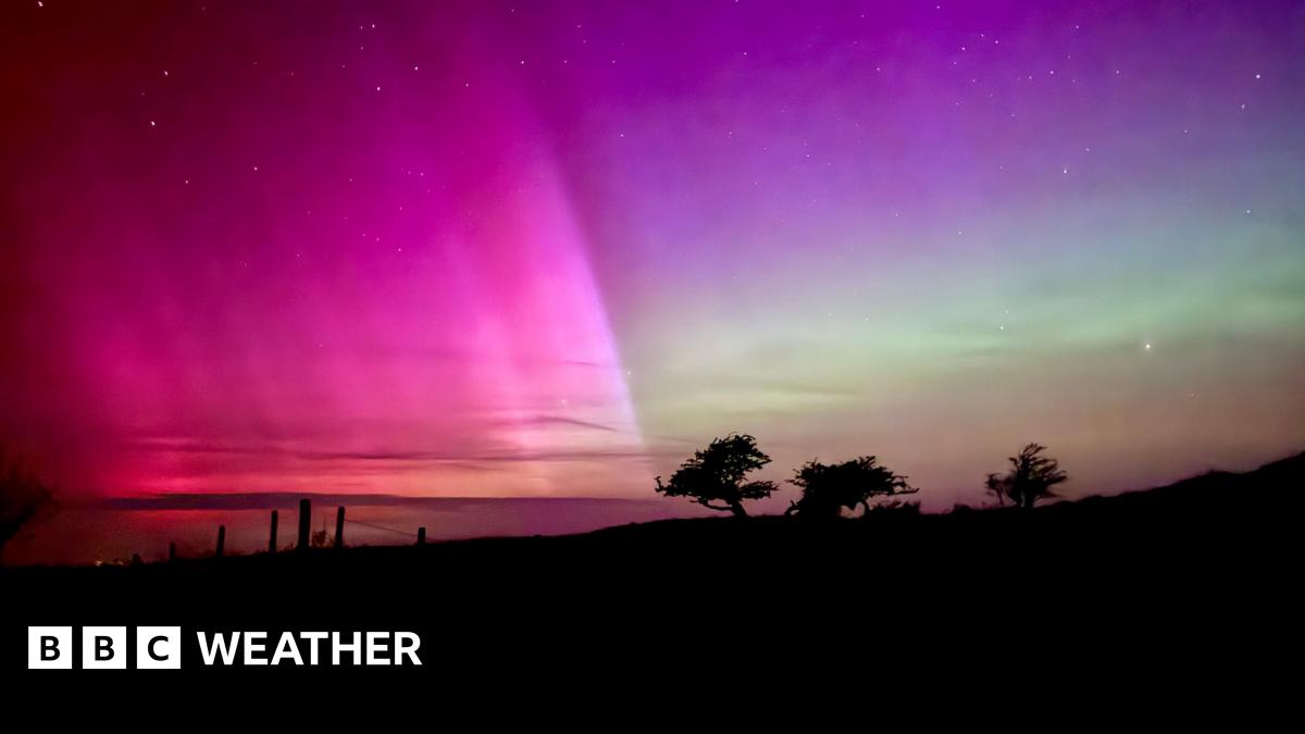 A photo of the aurora borealis in Dorset showing shades of green and pink dancing across the night sky with a silhouetted landscape in the foreground