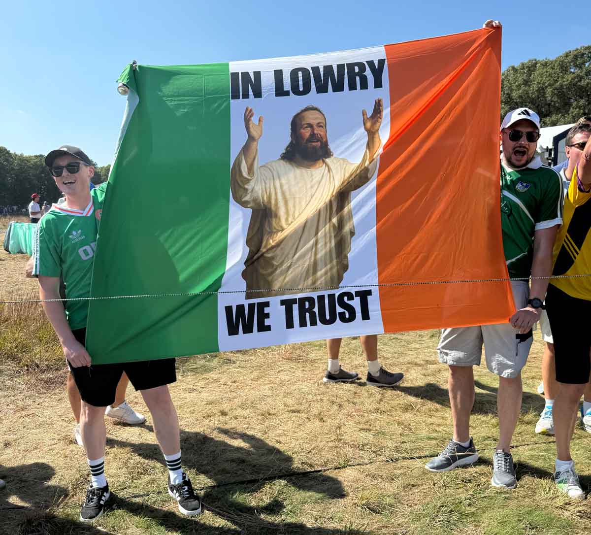 fans holding shane lowry flag at ryder cup