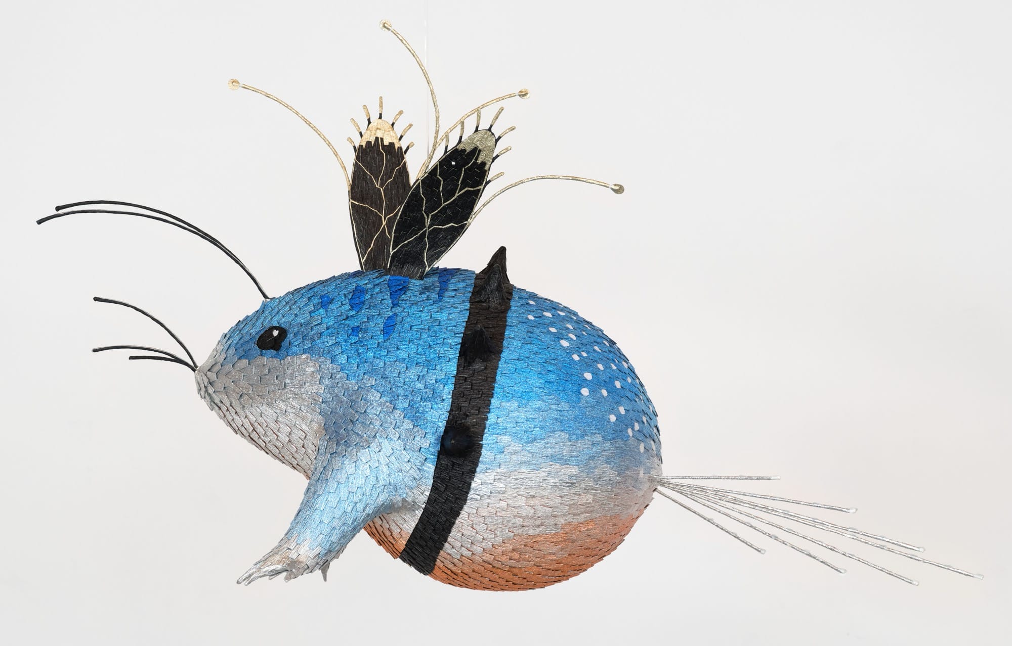 a papier-mâché sculpture by Roberto Benavidez of an imaginary mouse-like creature based on a detail of a Hieronymus Bosch painting