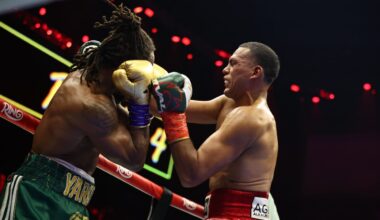 David Benavidez lands a right hand on Anthony Yarde as Yarde shells up on the ropes during their light heavyweight fight at the ANB Arena in Riyadh, Saudi Arabia, on November 22, 2025.