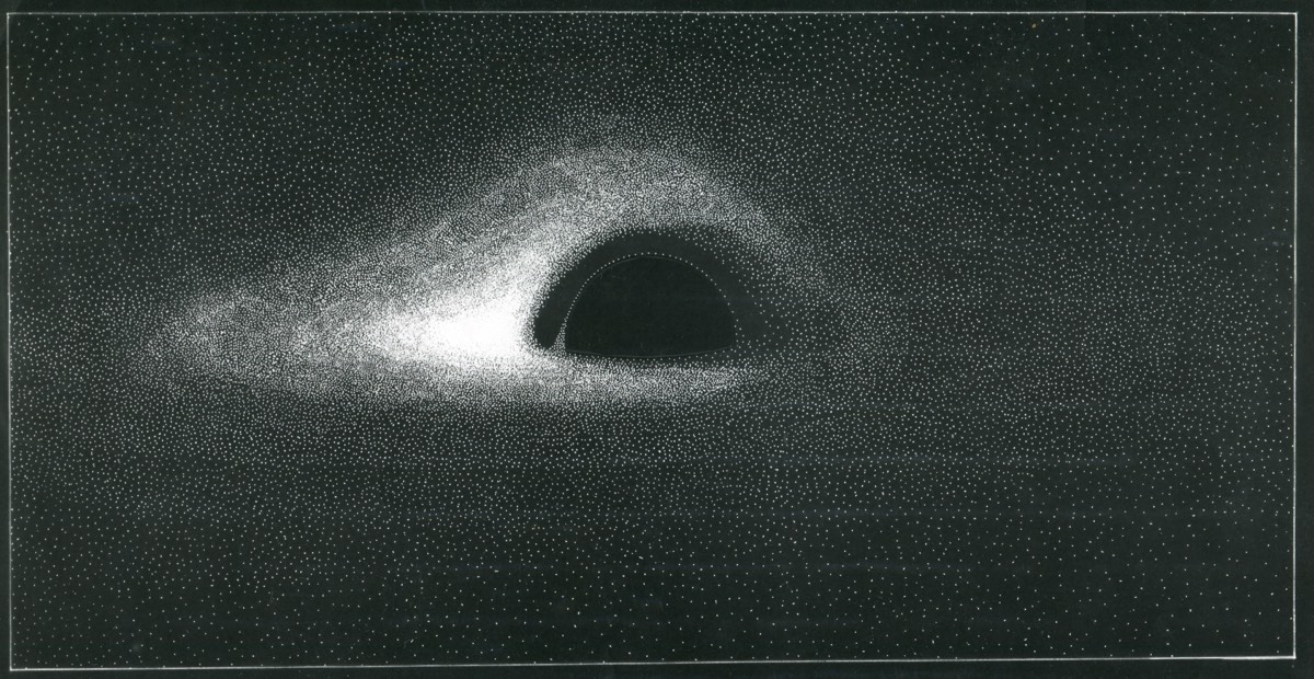 Scientific drawing of a black hole by Jean-Pierre Luminet. Ink on paper, reversed photographically