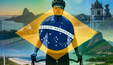 &bull; create a composite overlay image of a cyclist with brazilian landscapes like beaches, mountains, and historic sites in the background. Ensure it shows various scenic cycling routes with brazil&rsquo;s flag subtly integrated. Keep the image vibrant and inviting to attract attention. No text or logos. The image should be in a 3:2 ratio to enhance its appeal on youtube