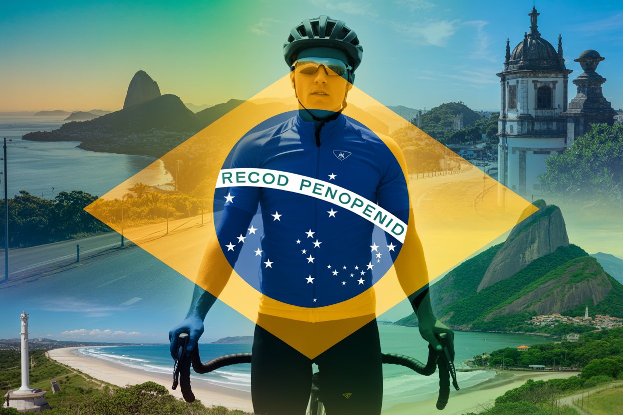 &bull; create a composite overlay image of a cyclist with brazilian landscapes like beaches, mountains, and historic sites in the background. Ensure it shows various scenic cycling routes with brazil&rsquo;s flag subtly integrated. Keep the image vibrant and inviting to attract attention. No text or logos. The image should be in a 3:2 ratio to enhance its appeal on youtube