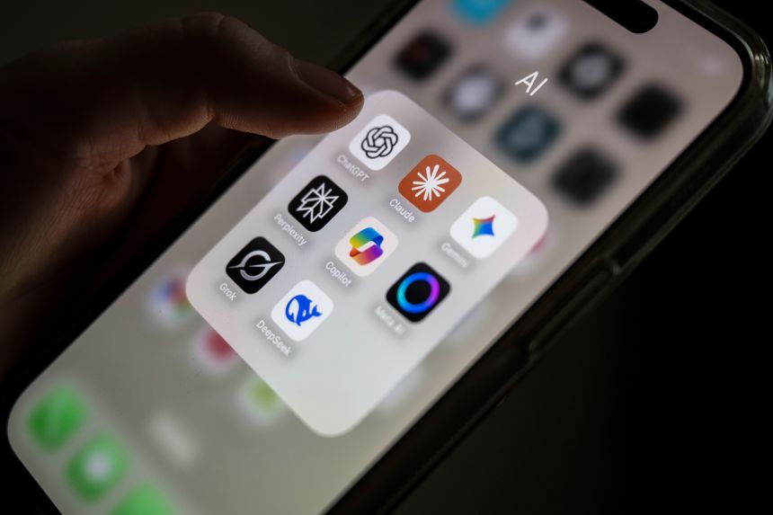 Several AI applications seen on a smartphone screen, including ChatGPT, Claude, Gemini, Perplexity, Microsoft Copilot, Meta AI, Grok and DeepSeek.