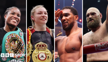 Split image of Caroline Dubois smiling, Lauren Price celebrating, Anthony Joshua saluting and Tyson Fury celebrating