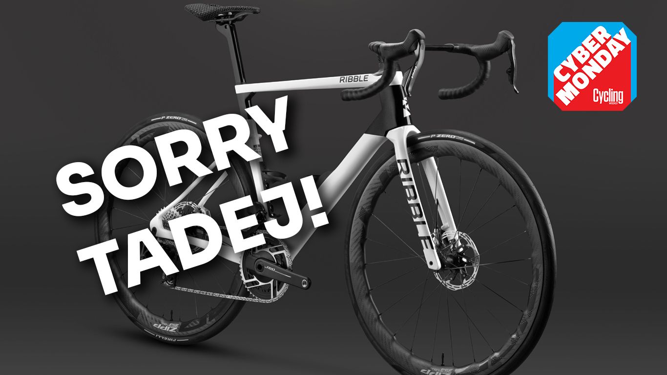 ribble bike with 'sorry Tadej!' banner and Cyber Monday deal logo