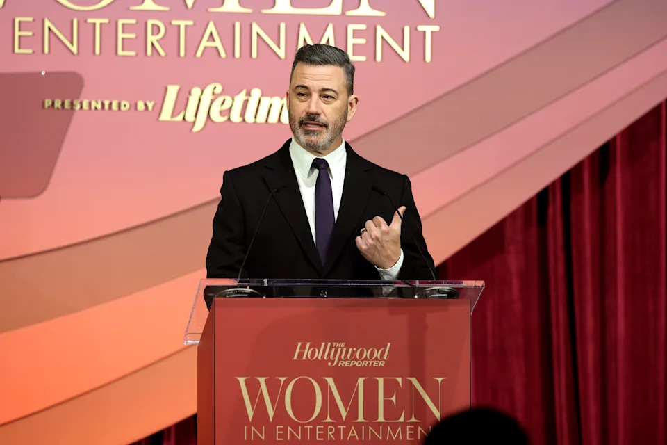 BEVERLY HILLS, CALIFORNIA - DECEMBER 03: Jimmy Kimmel speaks onstage during The Hollywood Reporter Women In Entertainment Presented By Lifetime at The Beverly Hills Hotel on December 03, 2025 in Beverly Hills, California. (Photo by Stefanie Keenan/The Hollywood Reporter via Getty Images)
