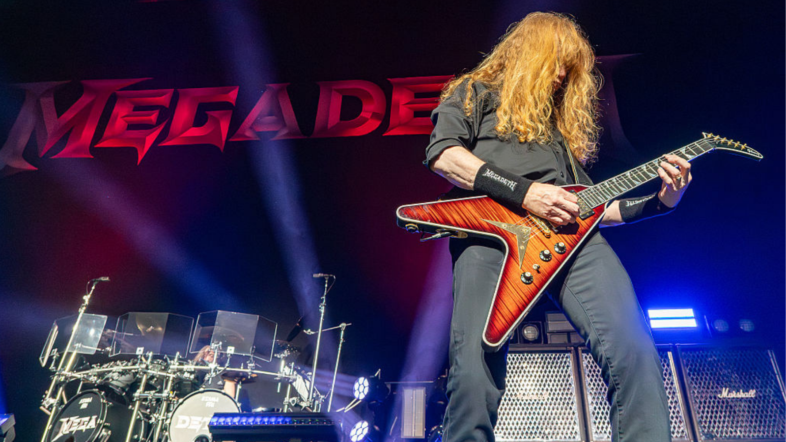 Dave Mustaine of Megadeth seen performing live on stage. Megadeth played London's O2 Arena as Special guests of the Band Disturbed on their 25th Anniversary tour Sick Things