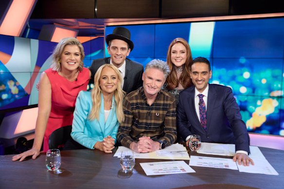 Sarah Harris (left), Carrie Bickmore, Sam Taunton, Dave Hughes, Georgie Tunny and Waleed Aly on the final episode of The Project.