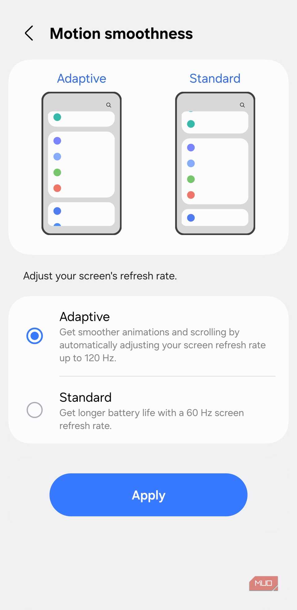 Display smoothness settings on Samsung phone