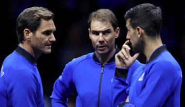 Djokovic, Federer, and Nadal chat during the Laver Cup. Source: Getty