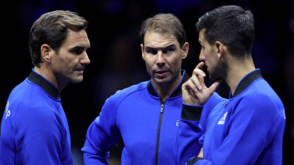 Djokovic, Federer, and Nadal chat during the Laver Cup. Source: Getty