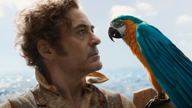 Dolittle staring down a parrot in Dolittle