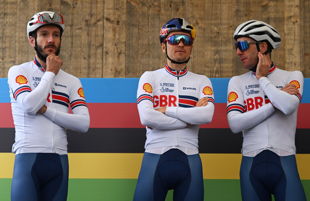 WINTERTHUR, SWITZERLAND - SEPTEMBER 29: (L-R) Adam Yates, Tom Pidcock, Simon Yates of Team United Kingdom and prior to the 97th UCI Cycling World Championships Zurich 2024, Men&amp;apos;s Elite Road Race a 273.9km one day race from Winterthur to Zurich on September 29, 2024 in Winterthur, Switzerland. (Photo by Dario Belingheri/Getty Images)