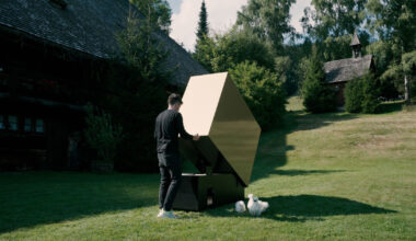 gold facade wraps minimal geometric chicken coop for six fowls